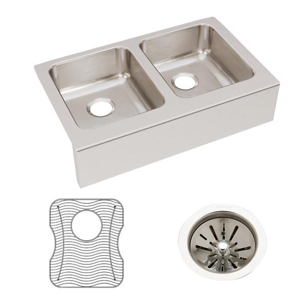 Elkay ELUHF3320DBG Lustertone® Classic Stainless Steel 33" x 20-1/2" x 7-7/8" Equal Double Bowl Farmhouse Sink Kit