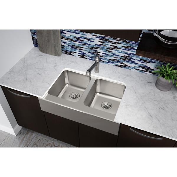 Elkay ELUHF3320 Lustertone Classic Stainless Steel 33" x 20-1/2" x 7-7/8" Equal 0-Hole Double Bowl Farmhouse Sink