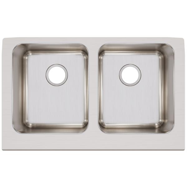 Elkay ELUHF3320 Lustertone Classic Stainless Steel 33" x 20-1/2" x 7-7/8" Equal 0-Hole Double Bowl Farmhouse Sink