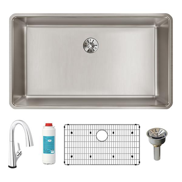 Elkay ELUHH3017TPDFLC Lustertone Iconix® 16 Gauge Stainless Steel 32-1/2 x 19-1/2" x 9" Single Bowl Undermount Sink Kit with Filtered Faucet with Perfect Drain®