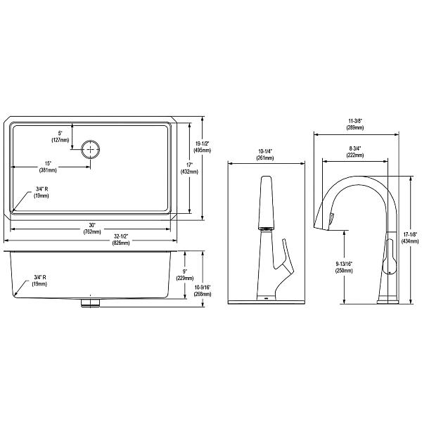 Elkay ELUHH3017TPDFLC Lustertone Iconix® 16 Gauge Stainless Steel 32-1/2 x 19-1/2" x 9" Single Bowl Undermount Sink Kit with Filtered Faucet with Perfect Drain®