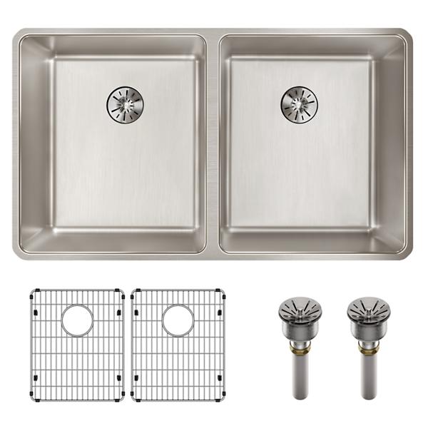 Elkay ELUHH3118TPDBG Lustertone Iconix® 16 Gauge Stainless Steel 32-3/4" x 19-1/2" x 9" Double Bowl Undermount Sink Kit with Perfect Drain®