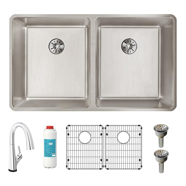 Elkay ELUHH3118TPDFLC Lustertone Iconix® 16 Gauge Stainless Steel 32-3/4" x 19-1/2" x 9" Double Bowl Undermount Sink Kit with Filtered Faucet with Perfect Drain®