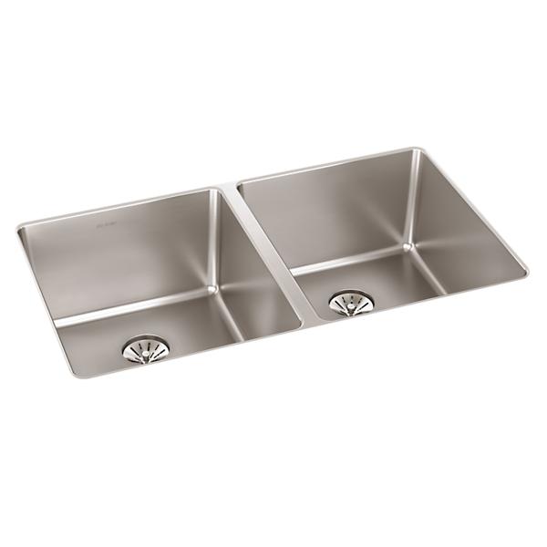 Elkay ELUHH3118TPD Lustertone Iconix® 16 Gauge Stainless Steel, 32-3/4" x 19-1/2" x 9" Double Bowl Undermount Sink with Perfect Drain®