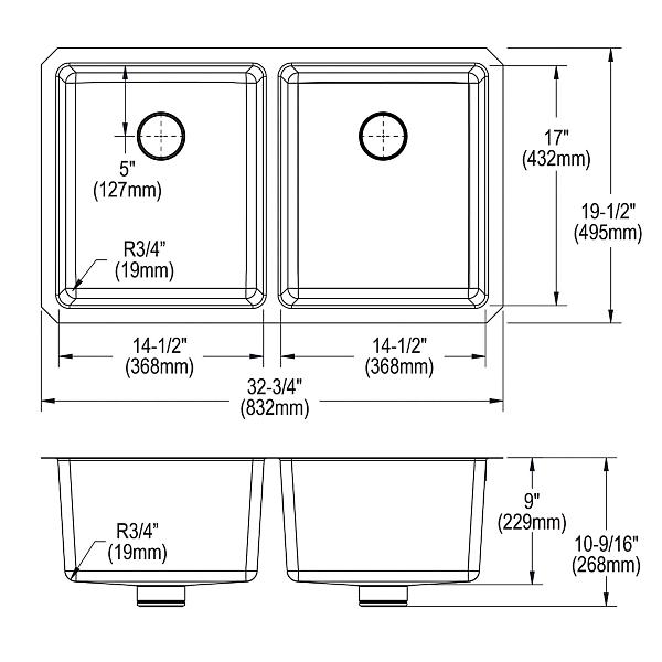 Elkay ELUHH3118TPD Lustertone Iconix® 16 Gauge Stainless Steel, 32-3/4" x 19-1/2" x 9" Double Bowl Undermount Sink with Perfect Drain®