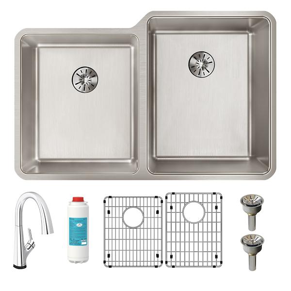 Elkay ELUHH3120LTPFLC Lustertone Iconix® 16 Gauge Stainless Steel 31-1/4" x 20-1/2" x 9" Double Bowl Undermount Sink Kit with Filtered Faucet with Perfect Drain®