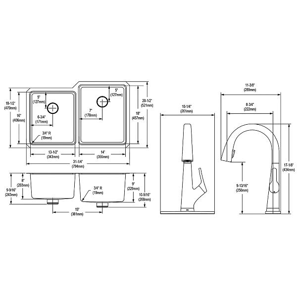 Elkay ELUHH3120LTPFLC Lustertone Iconix® 16 Gauge Stainless Steel 31-1/4" x 20-1/2" x 9" Double Bowl Undermount Sink Kit with Filtered Faucet with Perfect Drain®