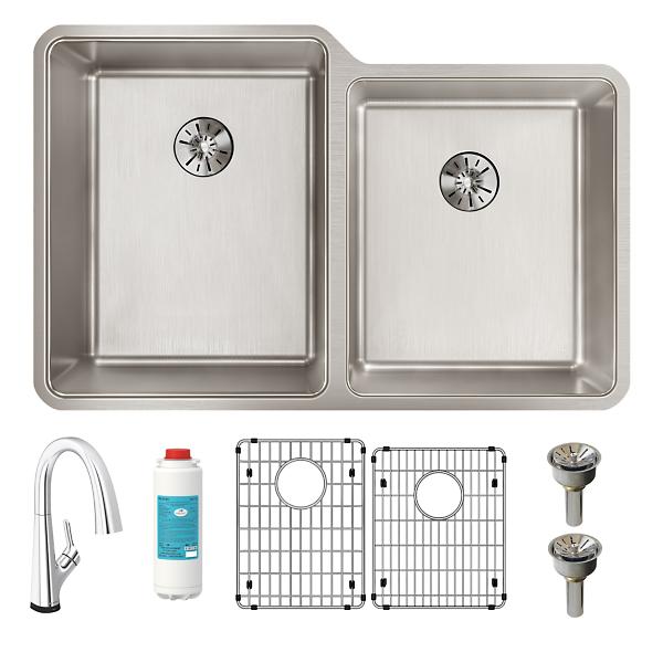 Elkay ELUHH3120RTPFLC Lustertone Iconix® 16 Gauge Stainless Steel 31-1/4" x 20-1/2" x 9" Double Bowl Undermount Sink Kit with Filtered Faucet with Perfect Drain®