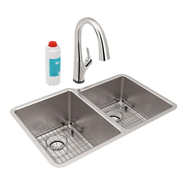 Elkay ELUHH3120RTPFLC Lustertone Iconix® 16 Gauge Stainless Steel 31-1/4" x 20-1/2" x 9" Double Bowl Undermount Sink Kit with Filtered Faucet with Perfect Drain®