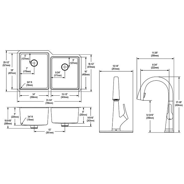 Elkay ELUHH3120RTPFLC Lustertone Iconix® 16 Gauge Stainless Steel 31-1/4" x 20-1/2" x 9" Double Bowl Undermount Sink Kit with Filtered Faucet with Perfect Drain®