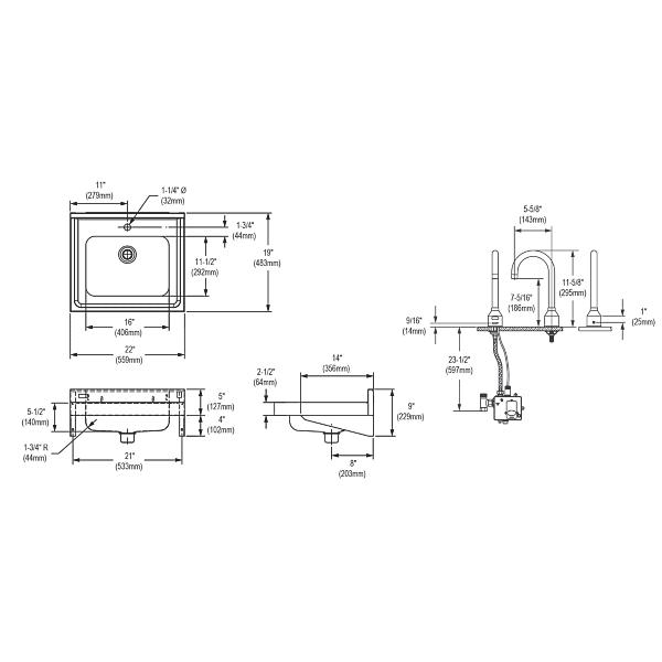 Elkay ELV2219SACMC Stainless Steel 22" x 19" x 5-1/2" Wall Hung Lavatory Sink Kit