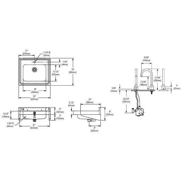 Elkay ELVWO2219SACC Stainless Steel 22" x 19" x 5-1/2" Wall Hung Lavatory Sink Kit