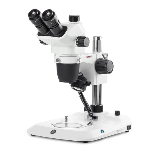 Globe Scientific ENZ-1703-P Trinocular stereo zoom microscope NexiusZoom EVO 0.65x to 5.5x zoom objective magnification from 6.5x to 55x with pillar. Incident and transmitted 3W LED illuminations