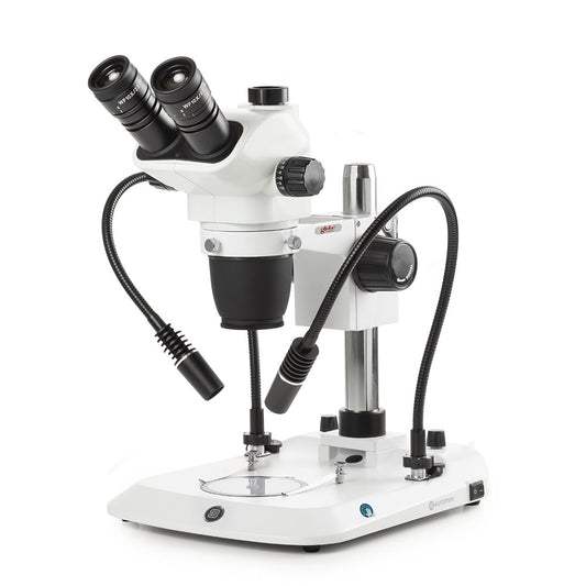 Globe Scientific ENZ-1703-PG Trinocular stereo zoom microscope NexiusZoom EVO 0.65x to 5.5x zoom objective magnification from 6.5x to 55x with pillar. Two incident LED illuminations with Gooseneck and one transmitted 3W LED illumination