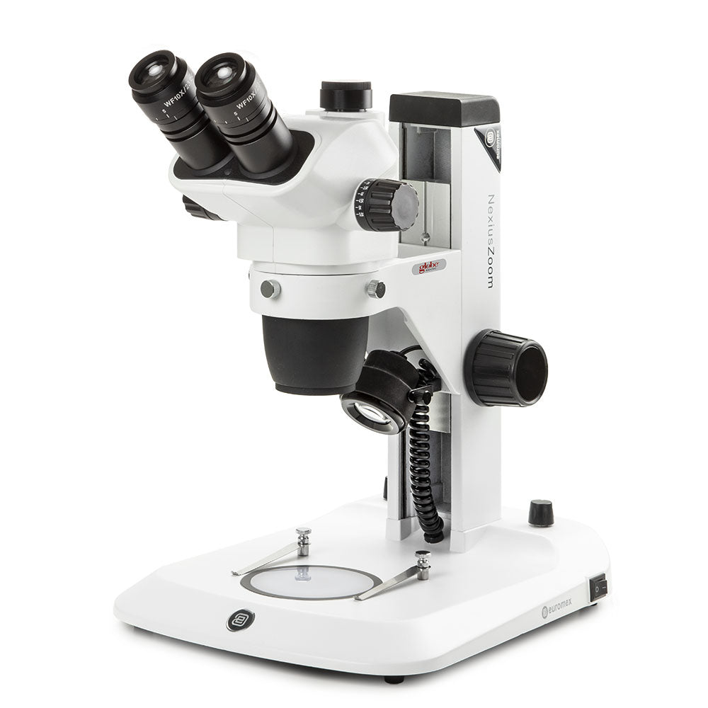 Globe Scientific ENZ-1703-S Trinocular stereo zoom microscope NexiusZoom EVO 0.65x to 5.5x zoom objective magnification from 6.5x to 55x with rack and pinion stand. Incident and transmitted 3 W LED illuminations