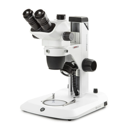 Globe Scientific ENZ-1703-S Trinocular stereo zoom microscope NexiusZoom EVO 0.65x to 5.5x zoom objective magnification from 6.5x to 55x with rack and pinion stand. Incident and transmitted 3 W LED illuminations