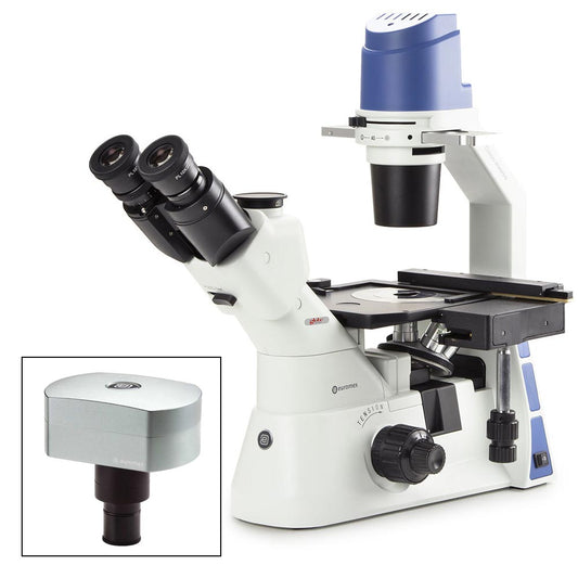 Globe Scientific EOX-2053-PLPH-DC18 Inverted trinocular microscope with mechanical stage PLPH 10/20/40x 5W LED and with transportation box with CMEX-18 Pro 18.0MP digital USB-3 camera with 1/2.3 inch CMOS sensor