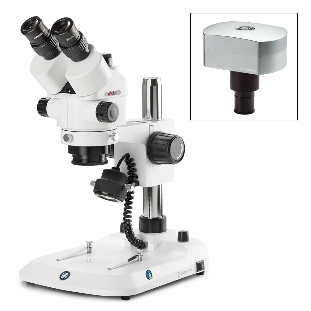 Globe Scientific ESB-1903-P-DC18 Trinocular stereo zoom microscope StereoBlue 0.7x to 4.5x zoom objective magnification from 7x to 45x