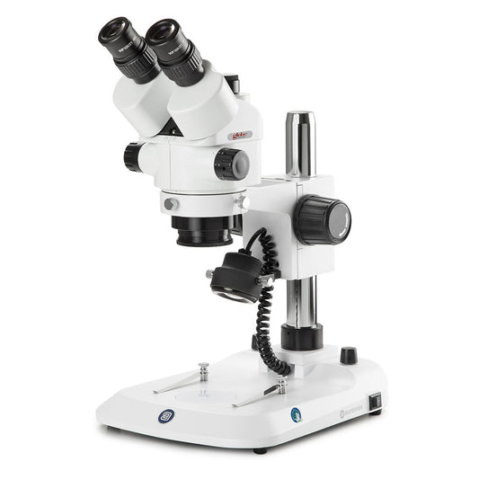 Globe Scientific ESB-1903-P Trinocular stereo zoom microscope StereoBlue 0.7x to 4.5x zoom objective magnification from 7x to 45x ergonomically pillar stand with incident and transmitted LED illumination