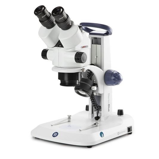Globe Scientific ESB-1903 Trinocular stereo zoom microscope StereoBlue 0.7x to 4.5x zoom objective magnification from 7x to 45x ergonomically stand with incident and transmitted LED illumination