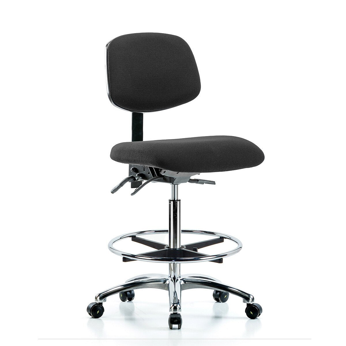 Blue Ridge Ergonomics ESD-FHBCH-CR-T0-A0-CF-EC-ESDBLK Fabric ESD Chair - High Bench Height with Chrome Foot Ring & ESD Casters in ESD Black Fabric