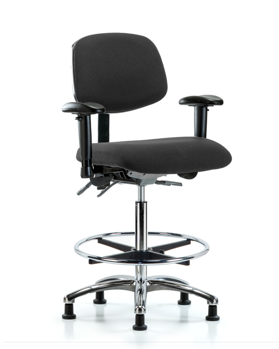 Blue Ridge Ergonomics ESD-FHBCH-CR-T0-A1-CF-EG-ESDBLK Fabric ESD Chair - High Bench Height with Adjustable Arms, Chrome Foot Ring, & ESD Stationary Glides in ESD Black Fabric