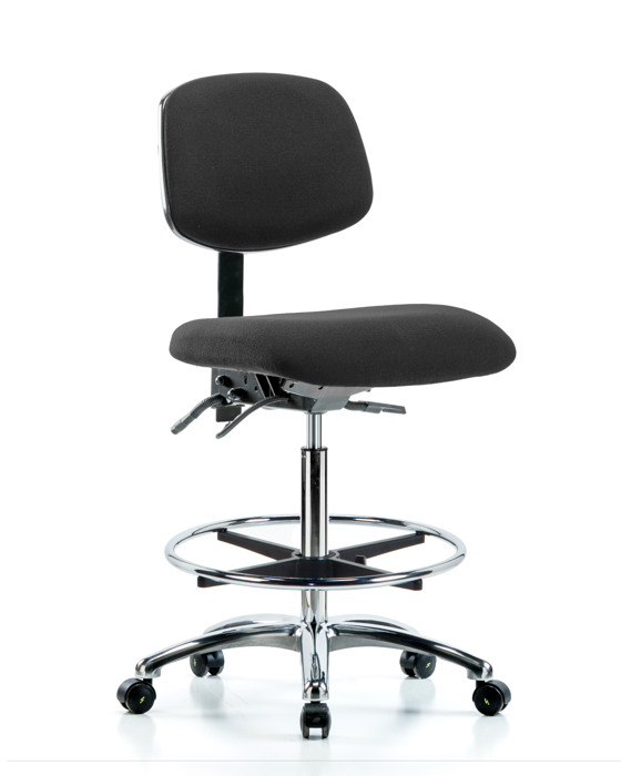 Blue Ridge Ergonomics ESD-FHBCH-CR-T1-A0-CF-EC-ESDBLK Fabric ESD Chair - High Bench Height with Seat Tilt, Chrome Foot Ring, & ESD Casters in ESD Black Fabric
