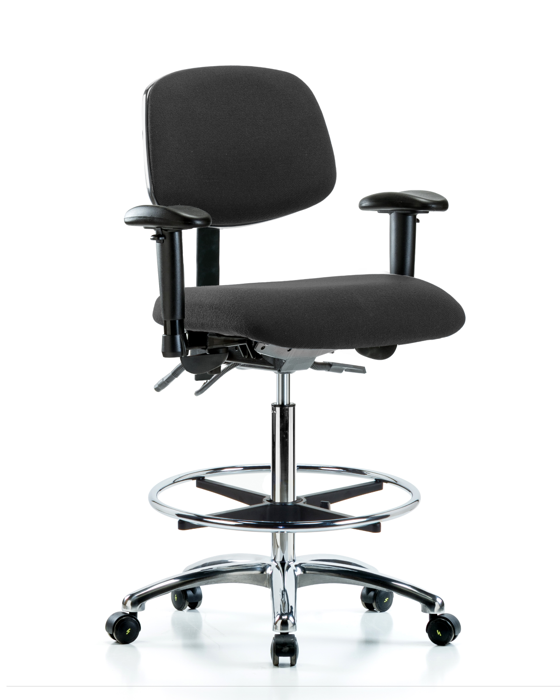 Blue Ridge Ergonomics ESD-FHBCH-CR-T1-A1-CF-EC-ESDBLK Fabric ESD Chair - High Bench Height with Seat Tilt, Adjustable Arms, Chrome Foot Ring, & ESD Casters in ESD Black Fabric