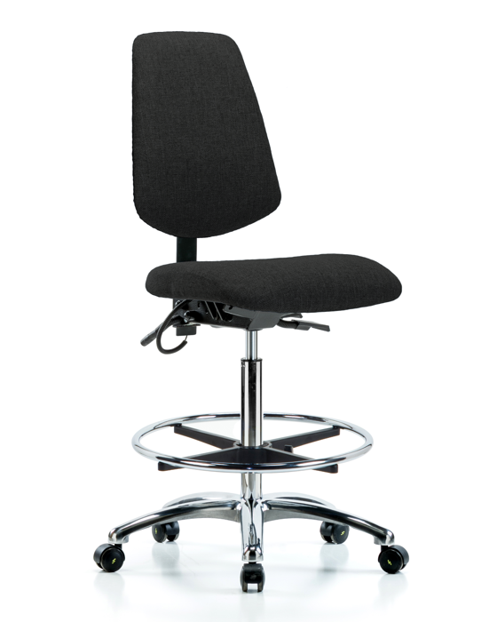 Blue Ridge Ergonomics ESD-FHBCH-MB-CR-T0-A0-CF-EC-ESDBLK Fabric ESD Chair - High Bench Height with Medium Back, Chrome Foot Ring, & ESD Casters in ESD Black Fabric