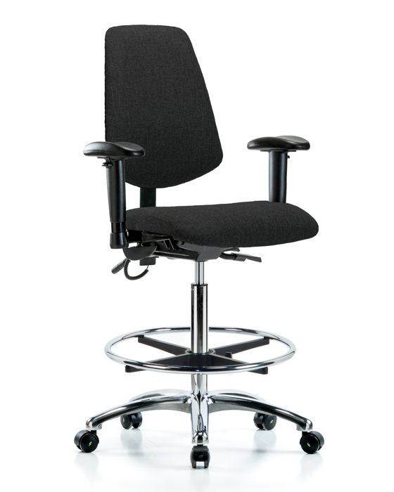 Blue Ridge Ergonomics ESD-FHBCH-MB-CR-T0-A1-CF-EC-ESDBLK Fabric ESD Chair - High Bench Height with Medium Back, Adjustable Arms, Chrome Foot Ring, & ESD Casters in ESD Black Fabric