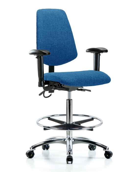 Blue Ridge Ergonomics ESD-FHBCH-MB-CR-T0-A1-CF-EC-ESDBLU Fabric ESD Chair - High Bench Height with Medium Back, Adjustable Arms, Chrome Foot Ring, & ESD Casters in ESD Blue Fabric