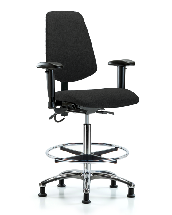Blue Ridge Ergonomics ESD-FHBCH-MB-CR-T0-A1-CF-EG-ESDBLK Fabric ESD Chair - High Bench Height with Medium Back, Adjustable Arms, Chrome Foot Ring, & ESD Stationary Glides in ESD Black Fabric