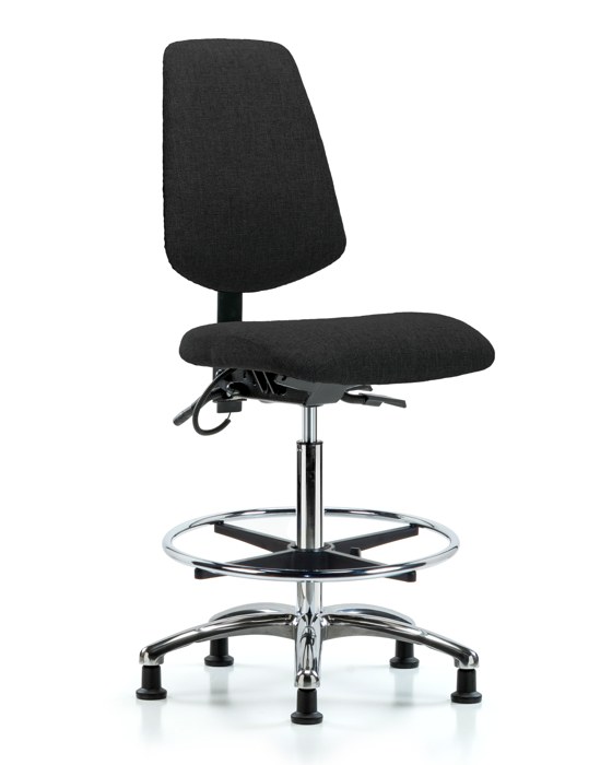 Blue Ridge Ergonomics ESD-FHBCH-MB-CR-T1-A0-CF-EG-ESDBLK Fabric ESD Chair - High Bench Height with Medium Back, Seat Tilt, Chrome Foot Ring, & ESD Stationary Glides in ESD Black Fabric