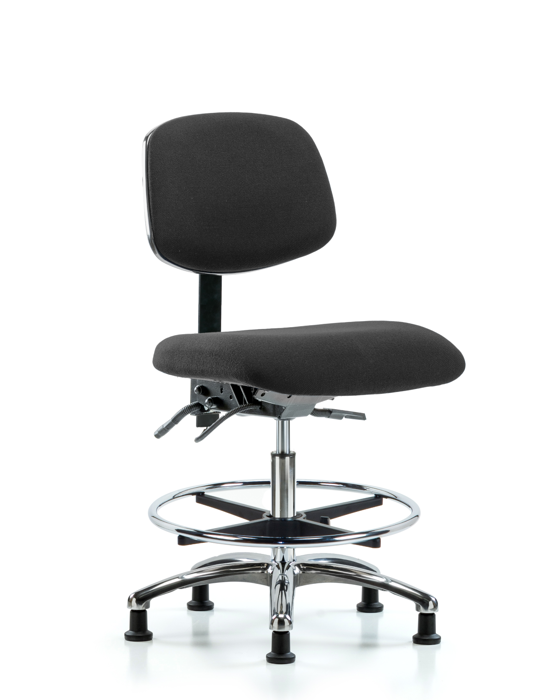 Blue Ridge Ergonomics ESD-FMBCH-CR-T0-A0-CF-EG-ESDBLK Fabric ESD Chair - Medium Bench Height with Chrome Foot Ring & ESD Stationary Glides in ESD Black Fabric