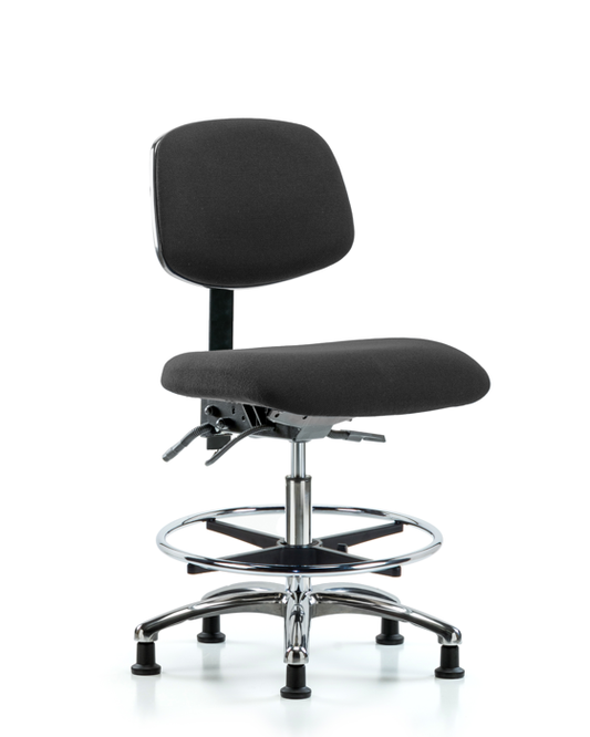 Blue Ridge Ergonomics ESD-FMBCH-CR-T0-A0-CF-EG-ESDBLK Fabric ESD Chair - Medium Bench Height with Chrome Foot Ring & ESD Stationary Glides in ESD Black Fabric