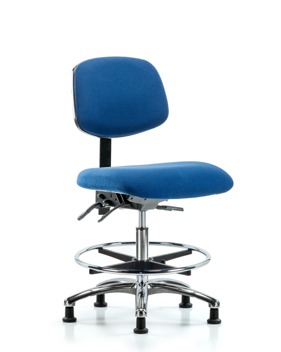 Blue Ridge Ergonomics ESD-FMBCH-CR-T0-A0-CF-EG-ESDBLU Fabric ESD Chair - Medium Bench Height with Chrome Foot Ring & ESD Stationary Glides in ESD Blue Fabric