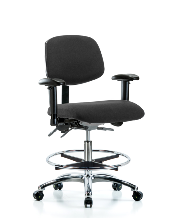 Blue Ridge Ergonomics ESD-FMBCH-CR-T0-A1-CF-EC-ESDBLK Fabric ESD Chair - Medium Bench Height with Adjustable Arms, Chrome Foot Ring, & ESD Casters in ESD Black Fabric
