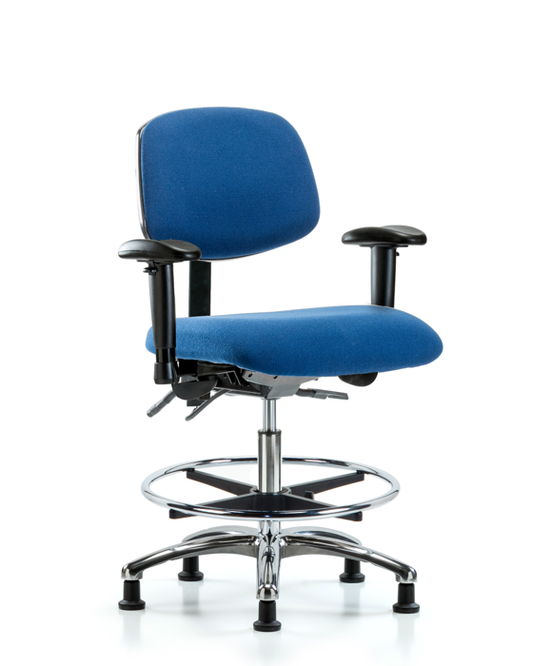 Blue Ridge Ergonomics ESD-FMBCH-CR-T0-A1-CF-EG-ESDBLU Fabric ESD Chair - Medium Bench Height with Adjustable Arms, Chrome Foot Ring, & ESD Stationary Glides in ESD Blue Fabric