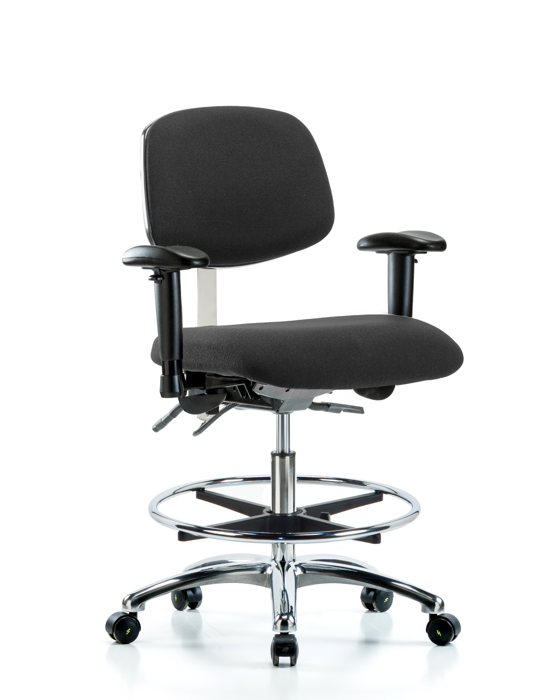 Blue Ridge Ergonomics ESD-FMBCH-CR-T1-A1-CF-EC-ESDBLK Fabric ESD Chair - Medium Bench Height with Seat Tilt, Adjustable Arms, Chrome Foot Ring, & ESD Casters in ESD Black Fabric