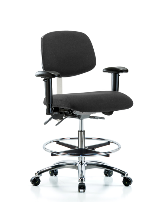Blue Ridge Ergonomics ESD-FMBCH-CR-T1-A1-CF-EC-ESDBLK Fabric ESD Chair - Medium Bench Height with Seat Tilt, Adjustable Arms, Chrome Foot Ring, & ESD Casters in ESD Black Fabric