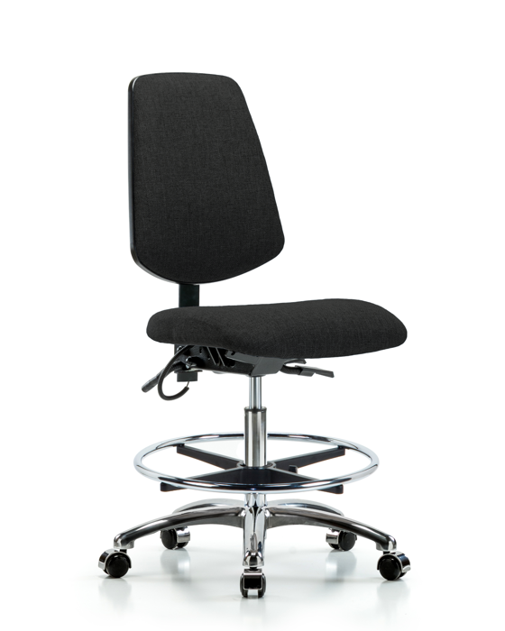 Blue Ridge Ergonomics ESD-FMBCH-MB-CR-T0-A0-CF-EC-ESDBLK Fabric ESD Chair - Medium Bench Height with Medium Back, Chrome Foot Ring, & ESD Casters in ESD Black Fabric