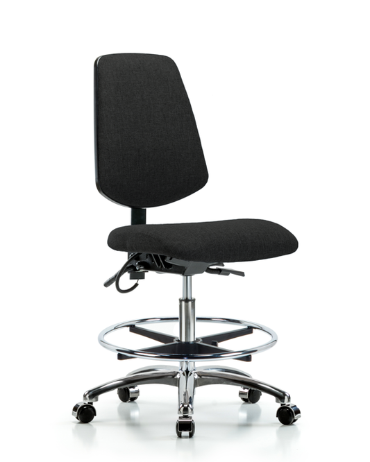 Blue Ridge Ergonomics ESD-FMBCH-MB-CR-T0-A0-CF-EC-ESDBLK Fabric ESD Chair - Medium Bench Height with Medium Back, Chrome Foot Ring, & ESD Casters in ESD Black Fabric