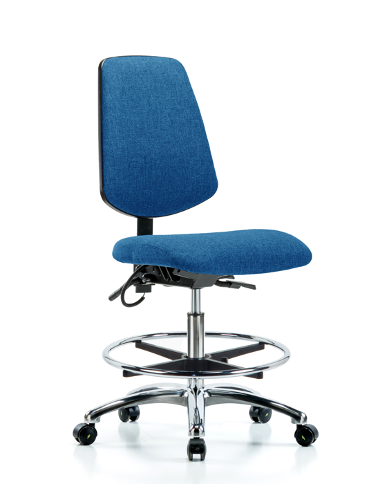 Blue Ridge Ergonomics ESD-FMBCH-MB-CR-T0-A0-CF-EC-ESDBLU Fabric ESD Chair - Medium Bench Height with Medium Back, Chrome Foot Ring, & ESD Casters in ESD Blue Fabric