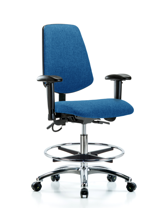 Blue Ridge Ergonomics ESD-FMBCH-MB-CR-T0-A1-CF-EC-ESDBLU Fabric ESD Chair - Medium Bench Height with Medium Back, Adjustable Arms, Chrome Foot Ring, & ESD Casters in ESD Blue Fabric