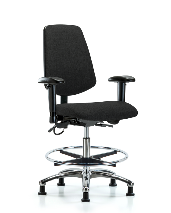Blue Ridge Ergonomics ESD-FMBCH-MB-CR-T0-A1-CF-EG-ESDBLK Fabric ESD Chair - Medium Bench Height with Medium Back, Adjustable Arms, Chrome Foot Ring, & ESD Stationary Glides in ESD Black Fabric