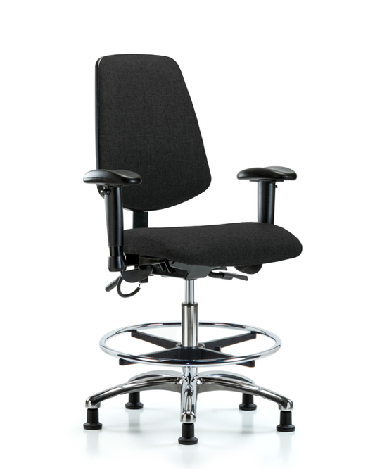 Blue Ridge Ergonomics ESD-FMBCH-MB-CR-T0-A1-CF-EG-ESDBLK Fabric ESD Chair - Medium Bench Height with Medium Back, Adjustable Arms, Chrome Foot Ring, & ESD Stationary Glides in ESD Black Fabric