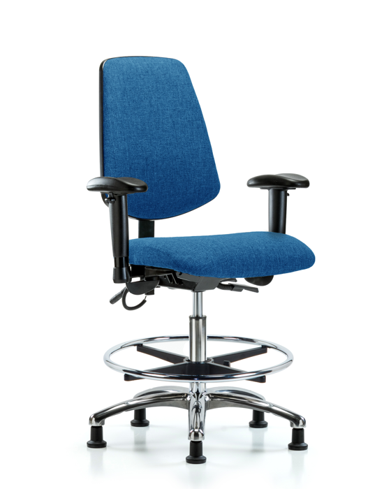 Blue Ridge Ergonomics ESD-FMBCH-MB-CR-T0-A1-CF-EG-ESDBLU Fabric ESD Chair - Medium Bench Height with Medium Back, Adjustable Arms, Chrome Foot Ring, & ESD Stationary Glides in ESD Blue Fabric