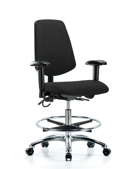 Blue Ridge Ergonomics ESD-FMBCH-MB-CR-T1-A1-CF-EC-ESDBLK Fabric ESD Chair - Medium Bench Height with Medium Back, Seat Tilt, Adjustable Arms, Chrome Foot Ring, & ESD Casters in ESD Black Fabric