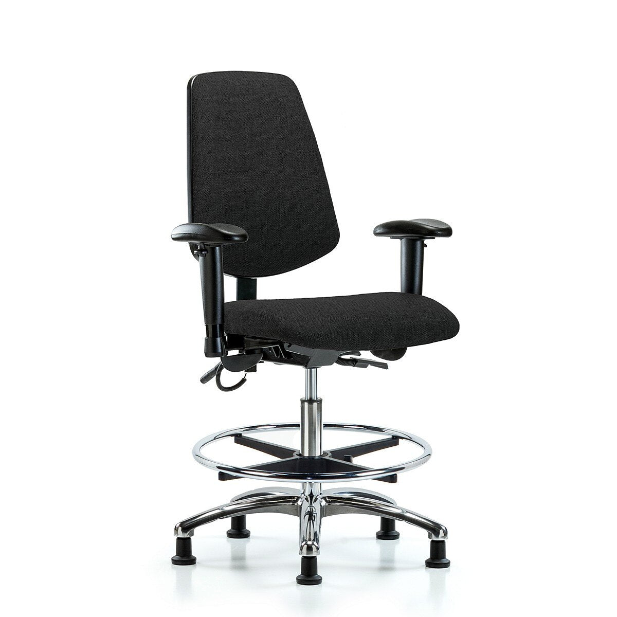 Blue Ridge Ergonomics ESD-FMBCH-MB-CR-T1-A1-CF-EG-ESDBLK Fabric ESD Chair - Medium Bench Height with Medium Back, Seat Tilt, Adjustable Arms, Chrome Foot Ring, & ESD Stationary Glides in ESD Black Fabric