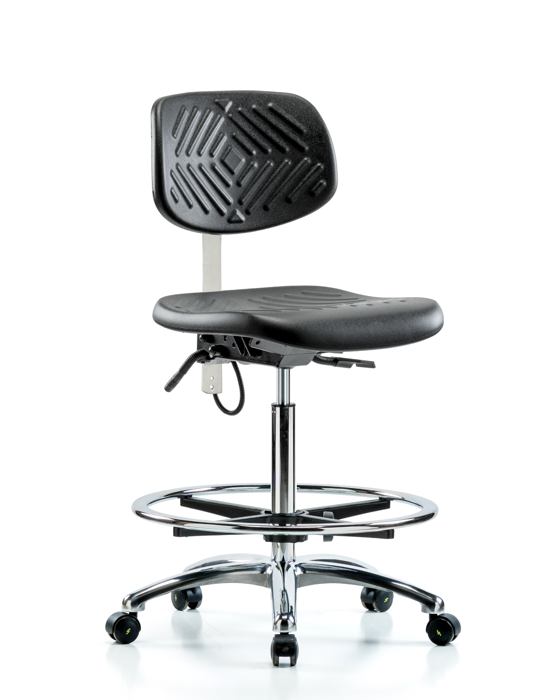 Blue Ridge Ergonomics ESD-PHBCH-CR-T1-A0-CF-EC Polyurethane ESD Chair - High Bench Height with Chrome Foot Ring, Seat Tilt, & ESD Casters